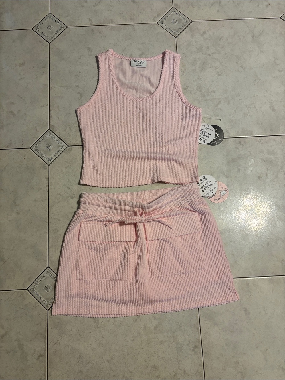 Women's Light Pink Ribbed Skort with Drawstring Waist